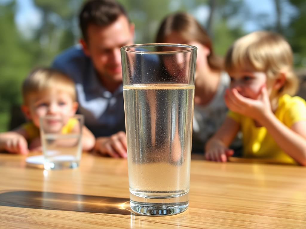 Glas mit reinem Wasser und Wassertropfen in Nahaufnahme – gesundes, klares Trinkwasser als Grundlage für eine ausgewogene Ernährung und optimale Hydratation.