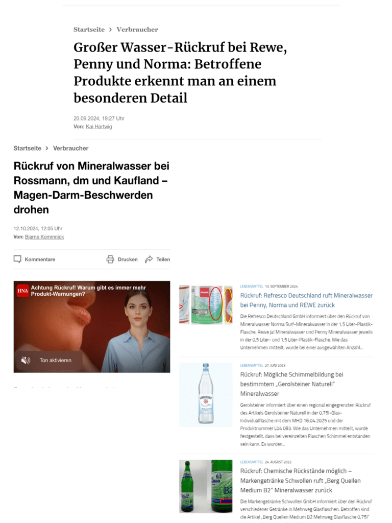 Mineralwasser und stilles Wasser aus der Flasche ist oft belastet und deshalb von Rückrufaktionen betroffen.