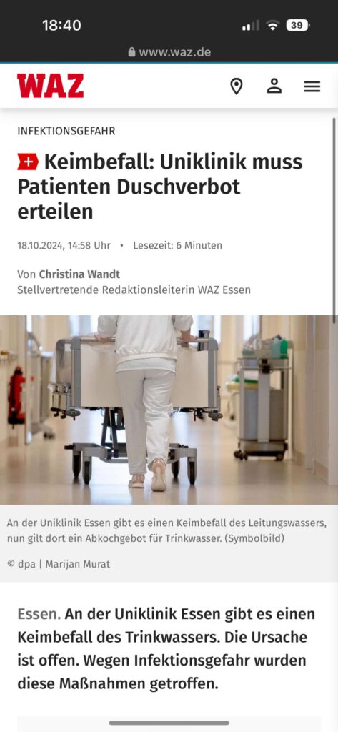 Keimbefall: Uniklinik muss Patienten Duschverbot erteilen