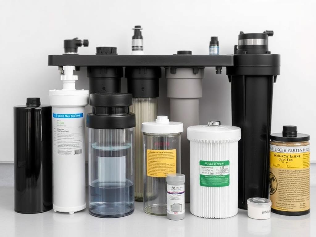 Ein modernes Umkehrosmose-Wasserfiltersystem, das in einer Küche installiert ist, mit einem Glas kristallklarem Wasser auf der Theke