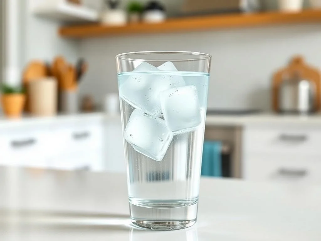 Ein Glas kristallklares Wasser, das direkt aus einem hochwertigen Wasserfiltersystem fließt. Im Hintergrund ist eine moderne Küche zu sehen, die Reinheit und Gesundheit symbolisiert.