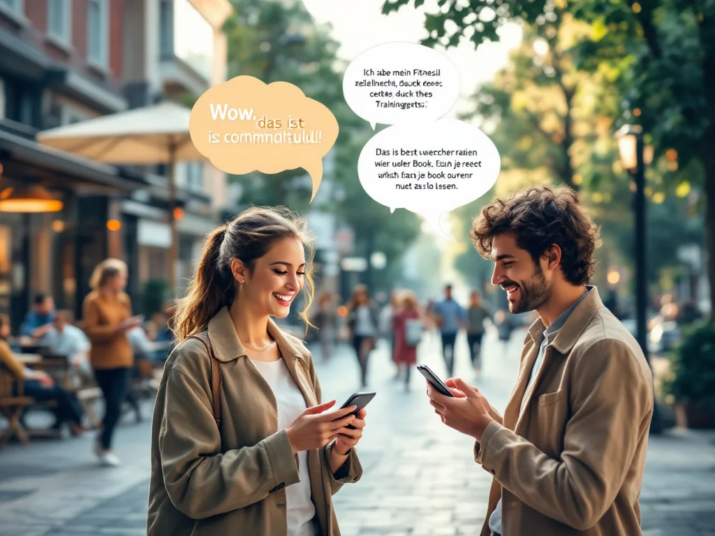 Zwei Personen in einer städtischen Umgebung, die begeistert ein Smartphone betrachten und ihre positiven Erfahrungen teilen, während im Hintergrund weitere Menschen das Produkt nutzen und miteinander sprechen. Dies kann man durch Kundenzufriedenheit erreichen