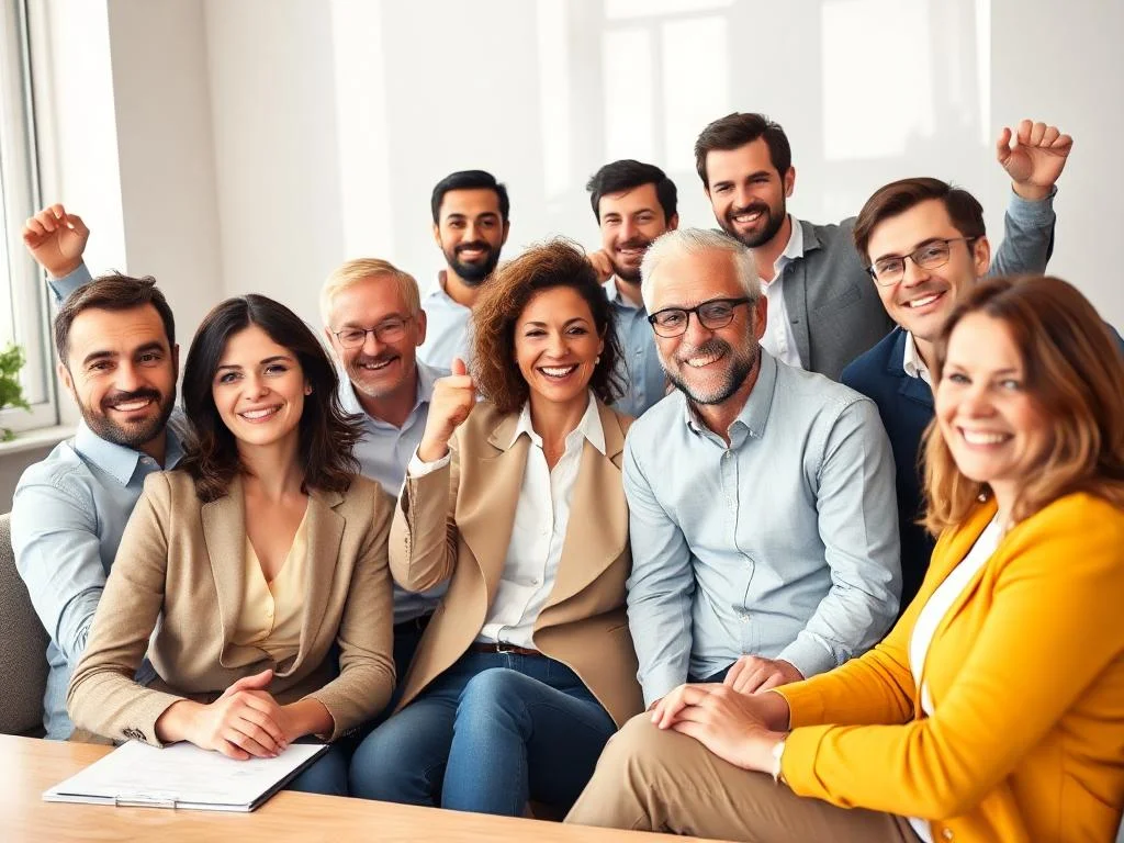 Ein Gruppenfoto von lächelnden Geschäftsleuten, die in einem Büro posieren und Erfolg feiern. Sie sorgen gemeinsam für die Zufriedenheit ihrer Kunden