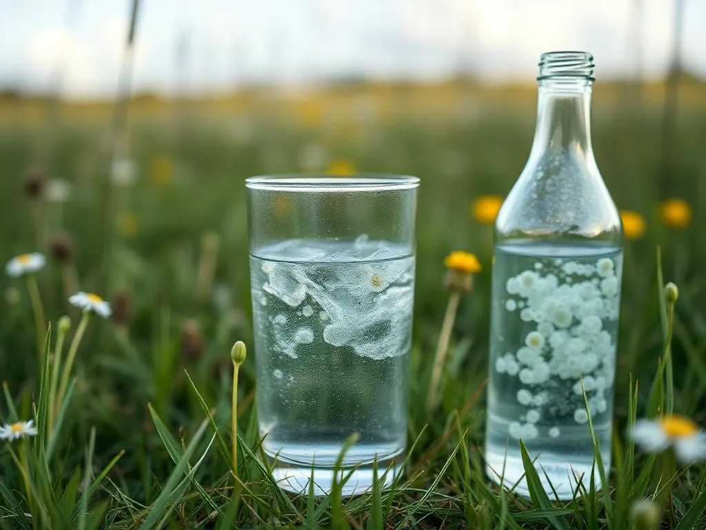 Ein Glas und eine Flasche mit trübem Wasser stehen in einer Wiese, umgeben von blühenden Gänseblümchen und Löwenzahn