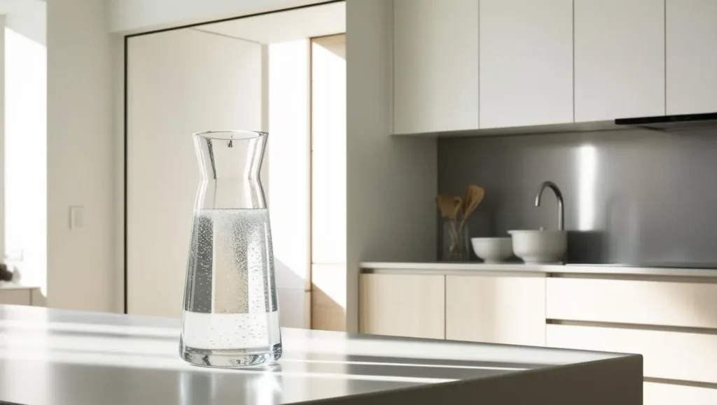 Eine elegante Glaskaraffe mit klarem, sprudelndem Wasser steht auf einer modernen Küchenarbeitsplatte.