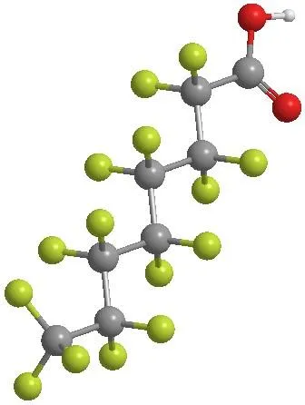 Molekülmodell von PFAS (per- und polyfluorierte Alkylsubstanzen), dargestellt in einer 3D-Struktur mit Atomen in verschiedenen Farben.